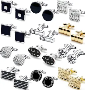 12 Pairs Cufflinks for Men Classic Tone Cuff Links Silver Black Striped Disc Square Rectangle Cuff Links Shirt Suit Mens Cufflinks For Wedding Groom Business Elegant Gift