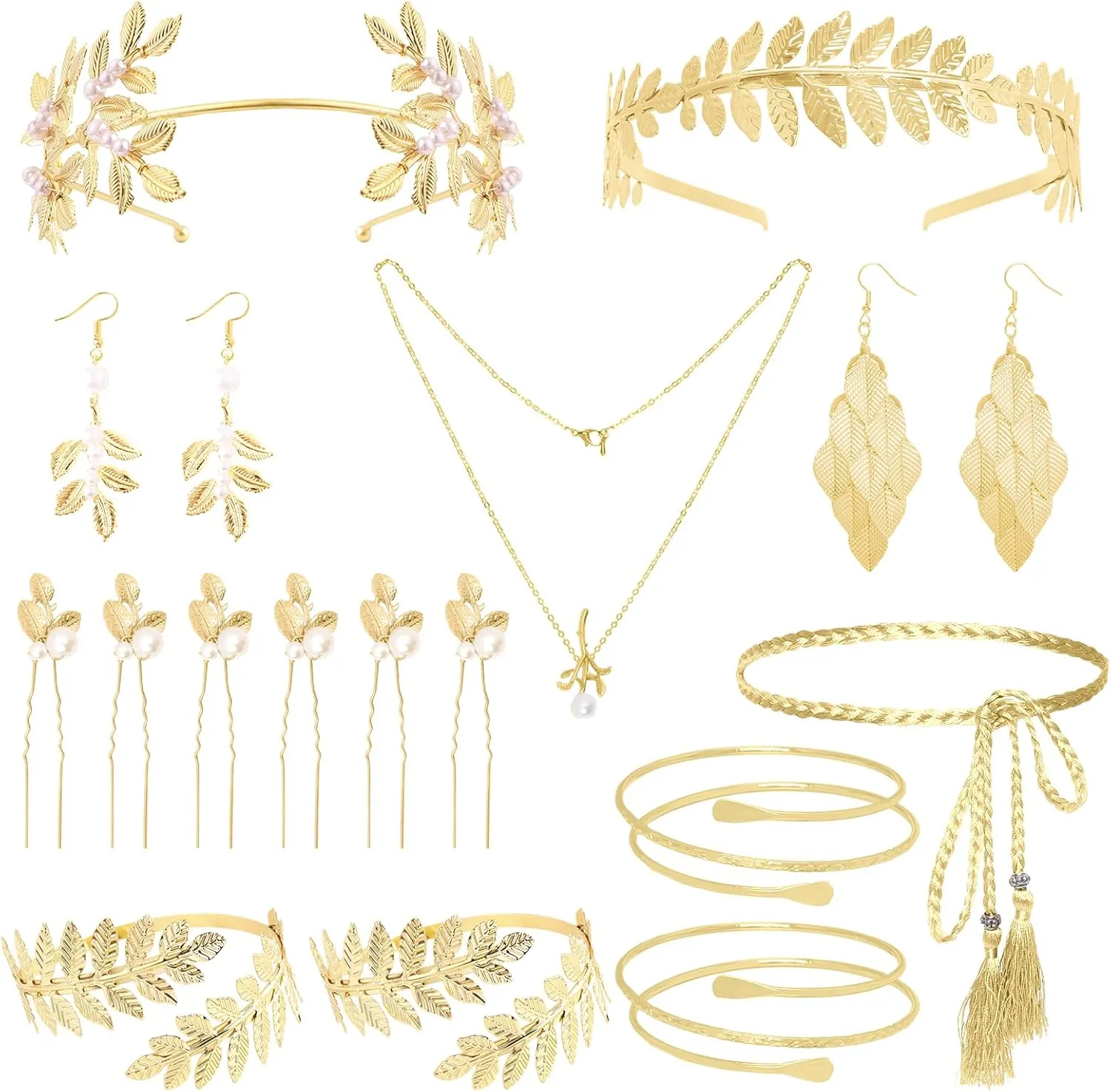 18 Pcs Greek Goddess Costume Accessories Set Golden Leaf Headpiece Necklace Upper Arm Cuff Coil Bracelet Waist Belt