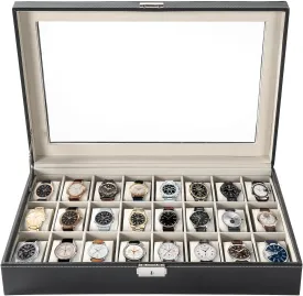24 Slots Watch Box | Watch Case Display Organizer, Watch Display Case Glass Top for Men Women PU Leather Display Storage Collection Organizer Jewelry Case with Removable Pillows