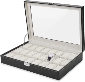 24 Watch Box Mens Large Watch Case Lockable Jewelry Display Organizer with Acrylic Lid Black Faux Leather