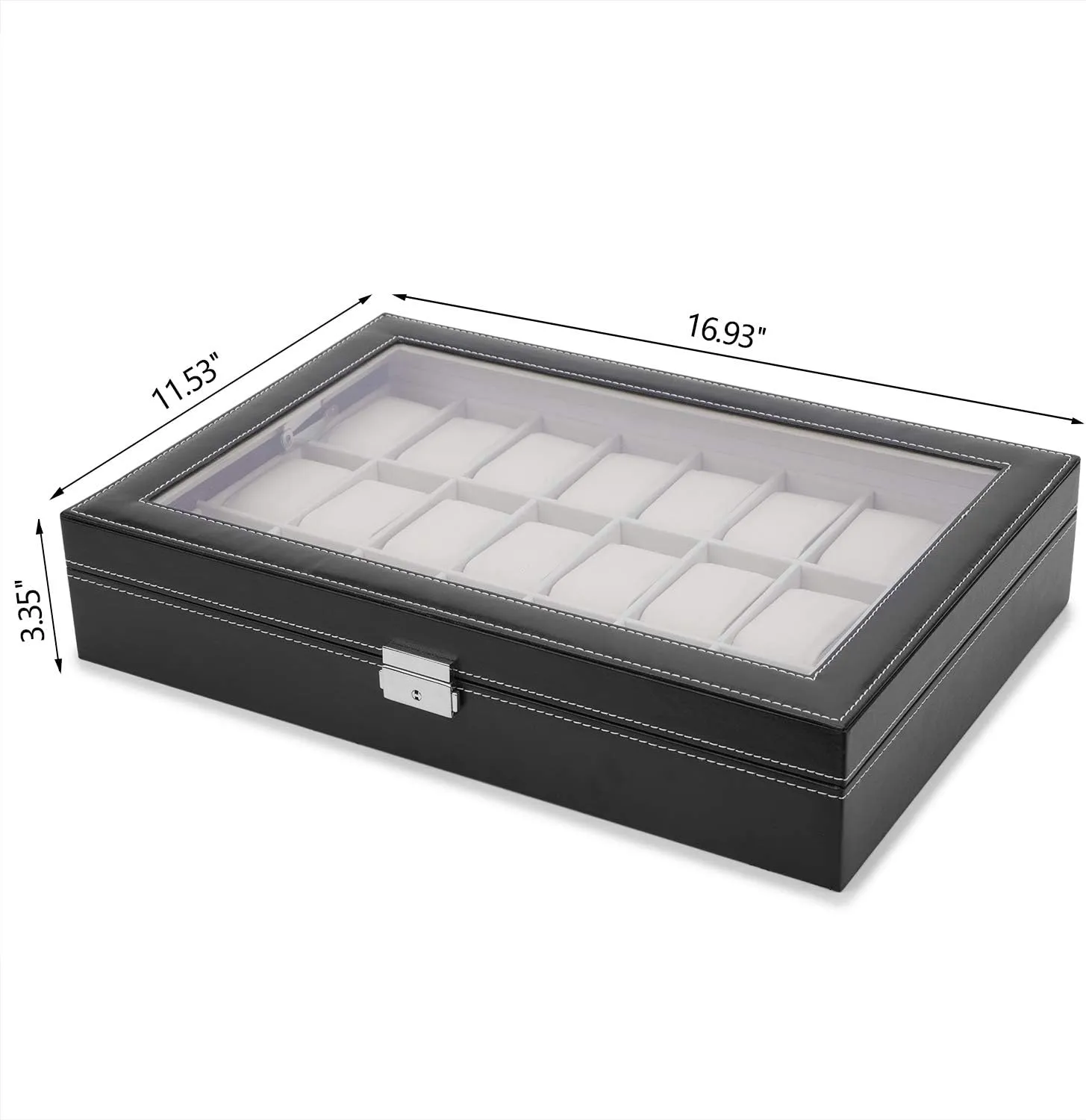 24 Watch Box Mens Large Watch Case Lockable Jewelry Display Organizer with Acrylic Lid Black Faux Leather