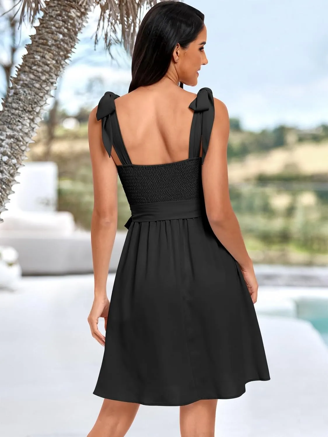 ANRABESS Women's Sleeveless Tie Strap Mini Dress Summer Square Neck Smocked A Line Swing Elegant Cute Cocktail Short Dresses