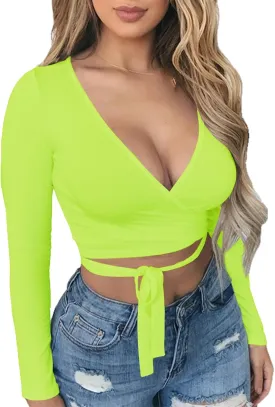 Artfish Women Sexy Deep V Neck Crop Top Bandage Wrap Tie Tight Cropped Fitted Cleavage Shirts