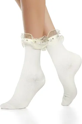 Benefeet Lace Ruffle Socks with Bow - Frilly Turn-Cuff Dress Anklet Socks for Women & Girls
