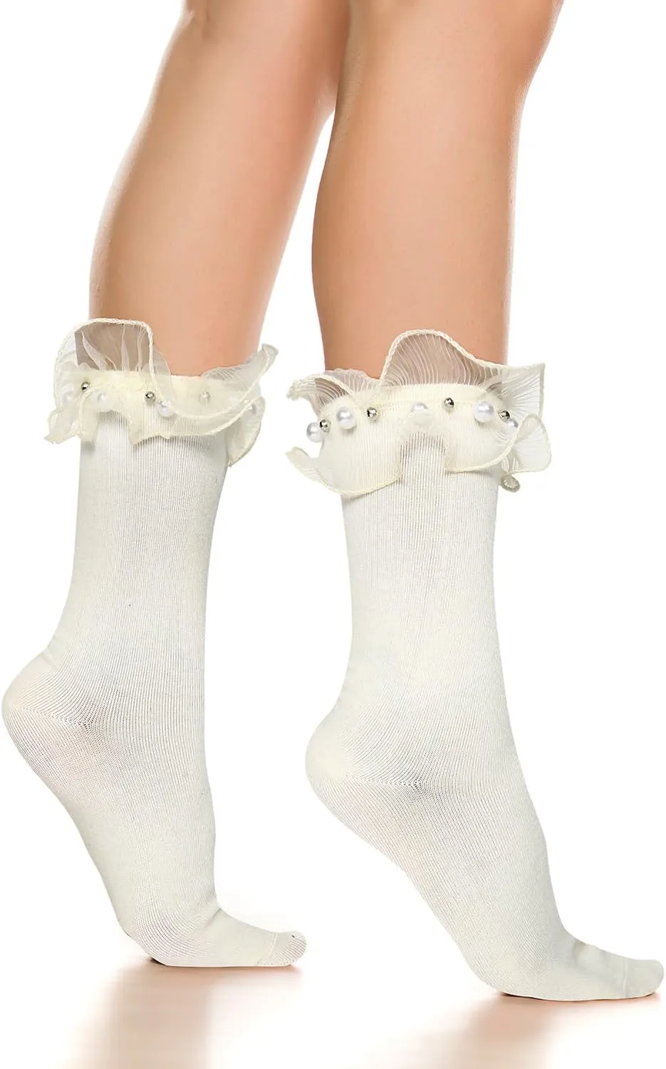 Benefeet Lace Ruffle Socks with Bow - Frilly Turn-Cuff Dress Anklet Socks for Women & Girls