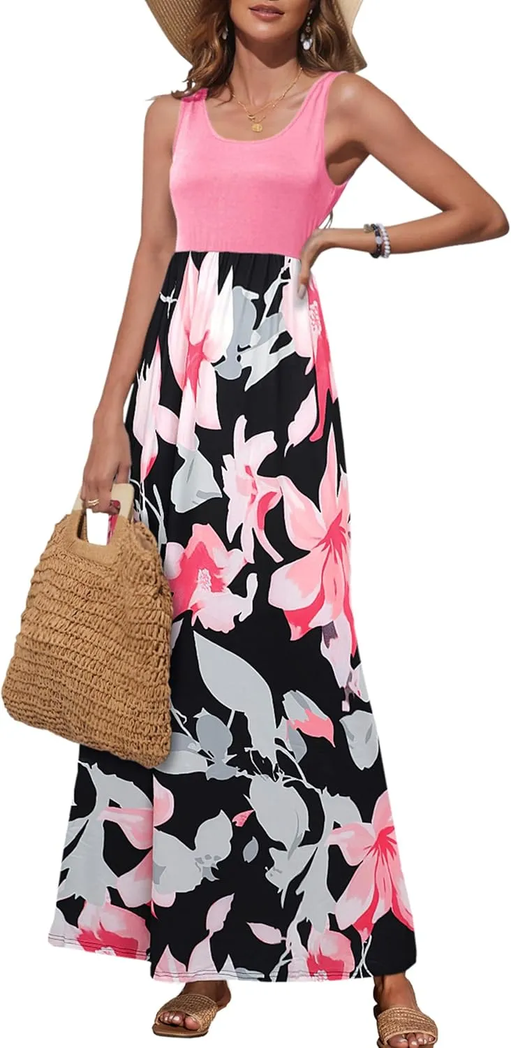 Bluetime Women's Summer Boho Sleeveless Floral Print Tank Long Maxi Dress (S-3XL)