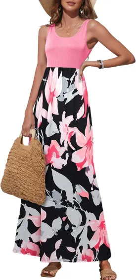 Bluetime Women's Summer Boho Sleeveless Floral Print Tank Long Maxi Dress (S-3XL)