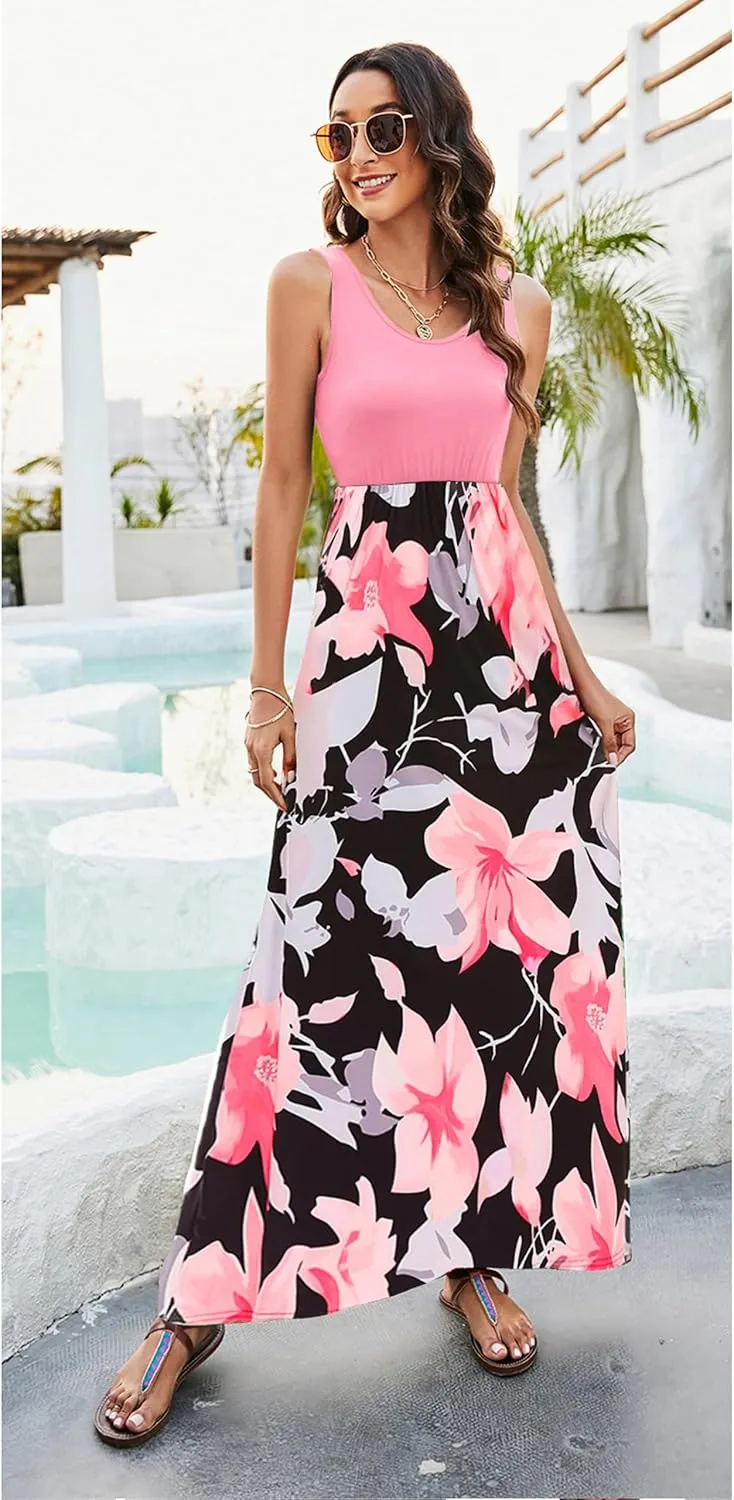 Bluetime Women's Summer Boho Sleeveless Floral Print Tank Long Maxi Dress (S-3XL)