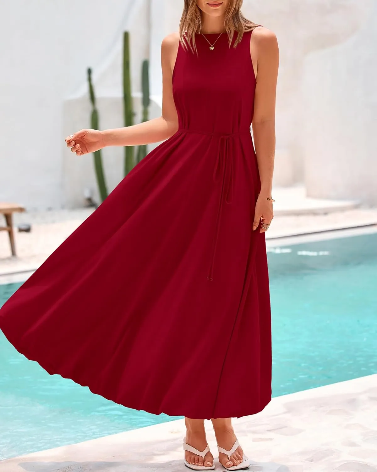 BTFBM 2025 Women Summer Vacation Dresses Sleeveless Crewneck Loose Beach Sundress Bubble Hem Tank Maxi Dress Pockets