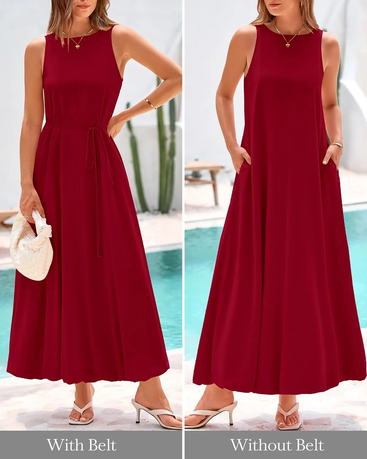 BTFBM 2025 Women Summer Vacation Dresses Sleeveless Crewneck Loose Beach Sundress Bubble Hem Tank Maxi Dress Pockets