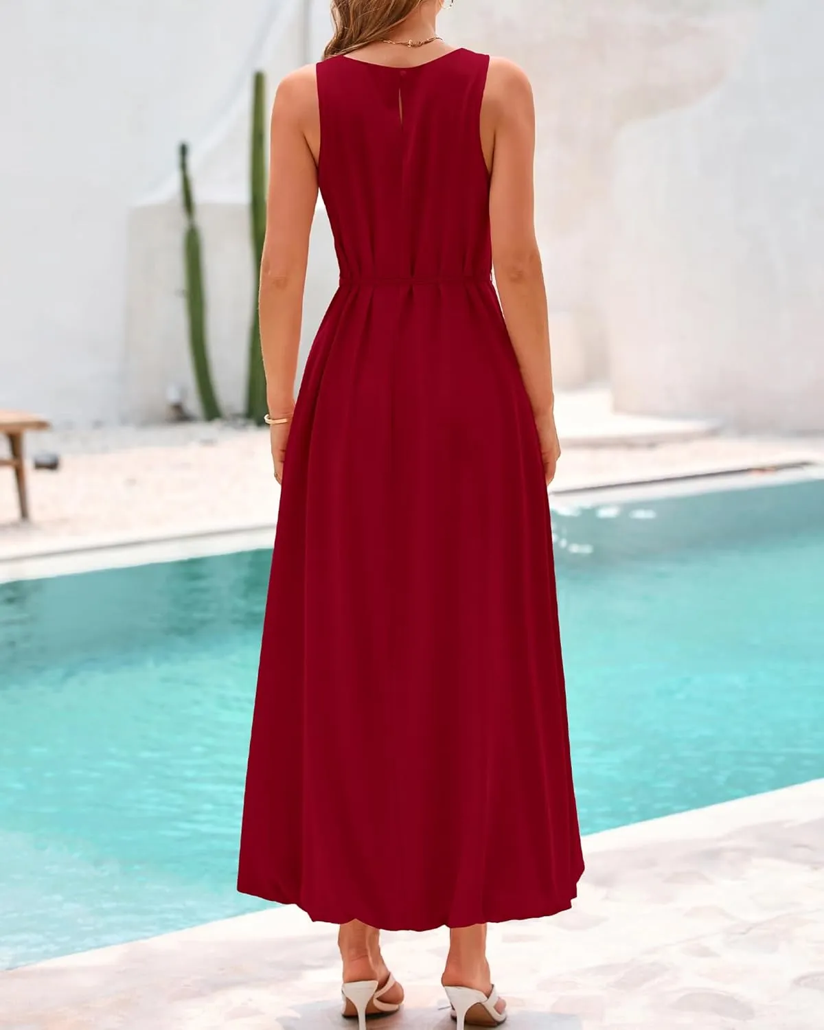 BTFBM 2025 Women Summer Vacation Dresses Sleeveless Crewneck Loose Beach Sundress Bubble Hem Tank Maxi Dress Pockets
