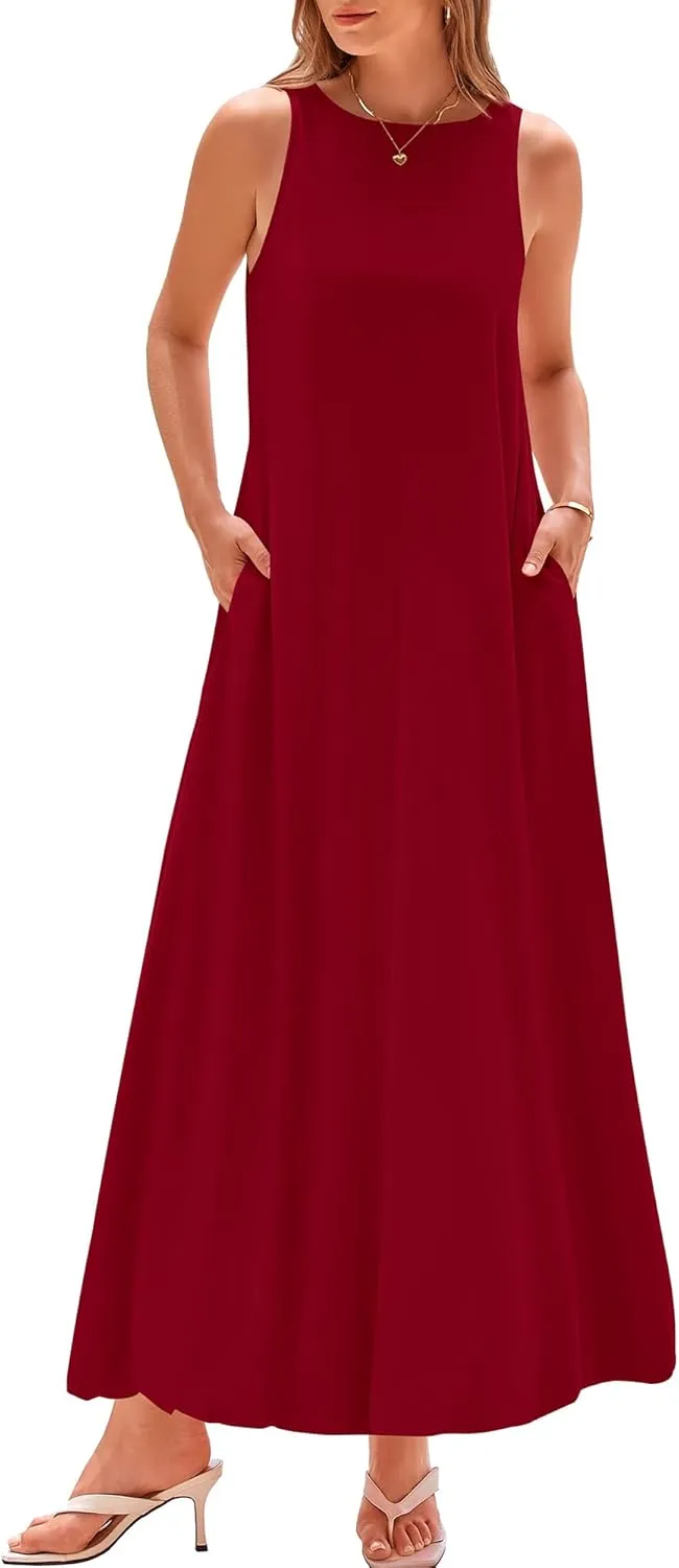 BTFBM 2025 Women Summer Vacation Dresses Sleeveless Crewneck Loose Beach Sundress Bubble Hem Tank Maxi Dress Pockets