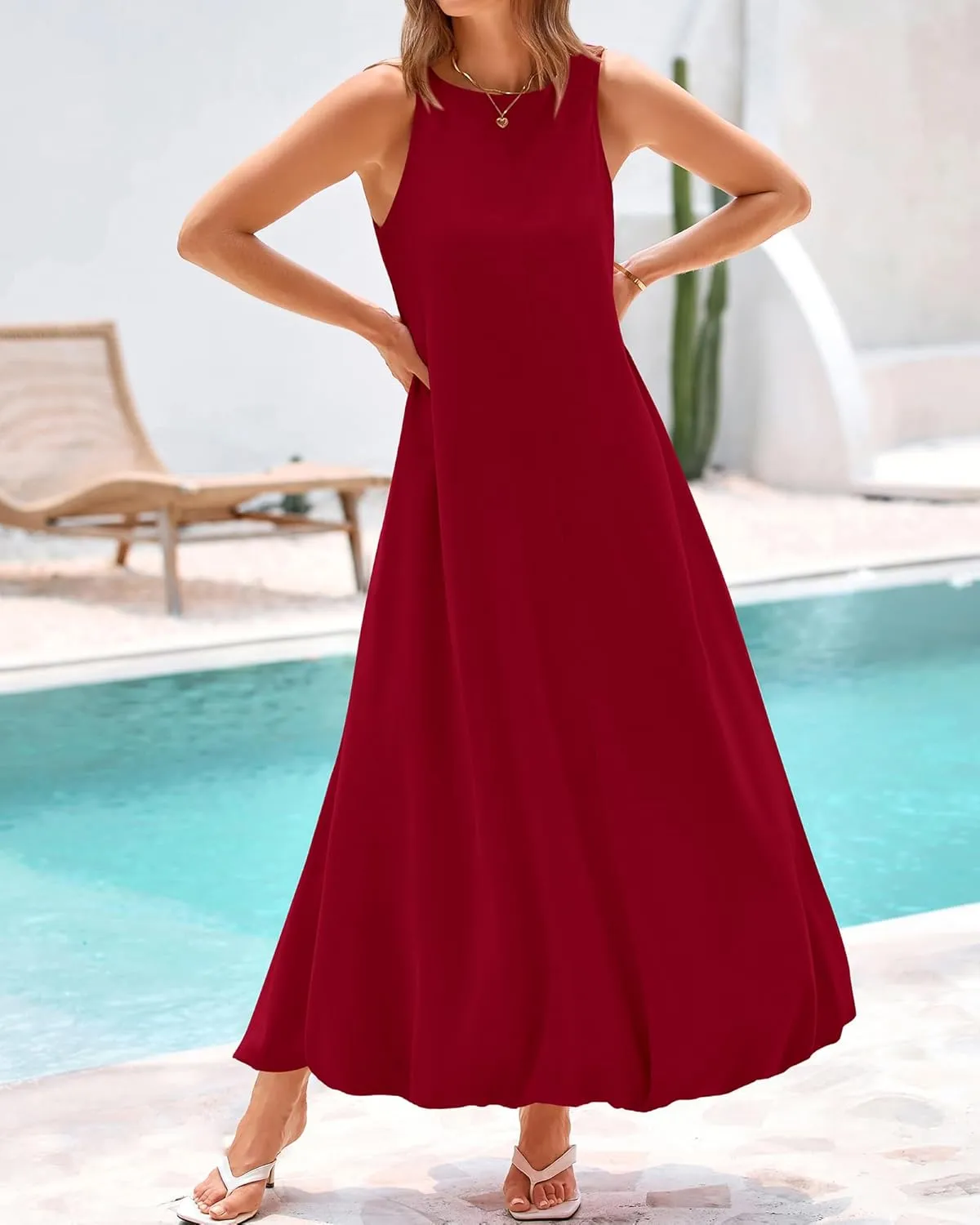 BTFBM 2025 Women Summer Vacation Dresses Sleeveless Crewneck Loose Beach Sundress Bubble Hem Tank Maxi Dress Pockets