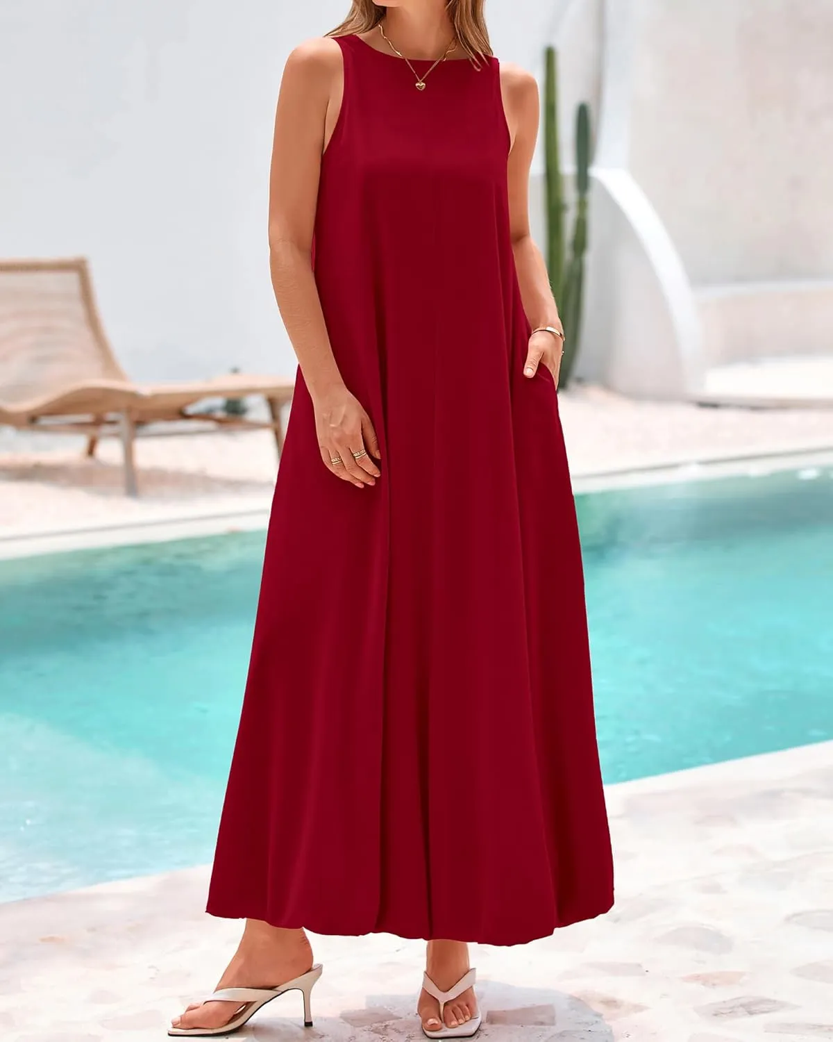 BTFBM 2025 Women Summer Vacation Dresses Sleeveless Crewneck Loose Beach Sundress Bubble Hem Tank Maxi Dress Pockets