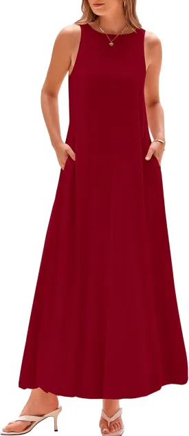 BTFBM 2025 Women Summer Vacation Dresses Sleeveless Crewneck Loose Beach Sundress Bubble Hem Tank Maxi Dress Pockets
