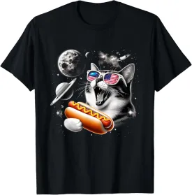 Cat Hotdog In Space Galaxy 4th of july Howling At The Moon T-Shirt