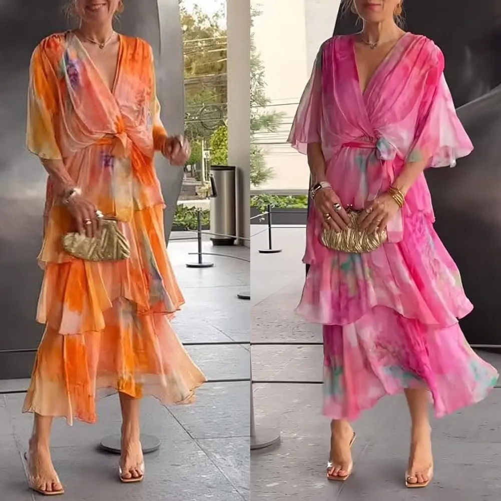 Chic and Elegant Chiffon Dress Wrap Boho Midi Summer Sleeves Ruffle Tiered Maxi Wedding Guest Dresses for Women