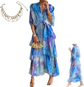 Chic and Elegant Chiffon Dress Wrap Boho Midi Summer Sleeves Ruffle Tiered Maxi Wedding Guest Dresses for Women