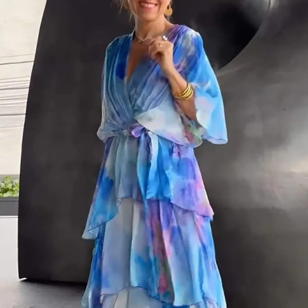 Chic and Elegant Chiffon Dress Wrap Boho Midi Summer Sleeves Ruffle Tiered Maxi Wedding Guest Dresses for Women