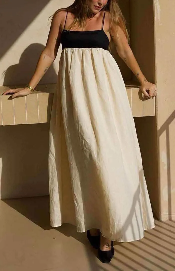 chouyatou Women's Summer Color Block Spaghetti Strap Maxi Linen Dress Long Casual Flowy Beach Sundress