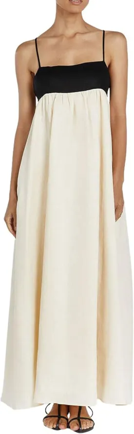 chouyatou Women's Summer Color Block Spaghetti Strap Maxi Linen Dress Long Casual Flowy Beach Sundress