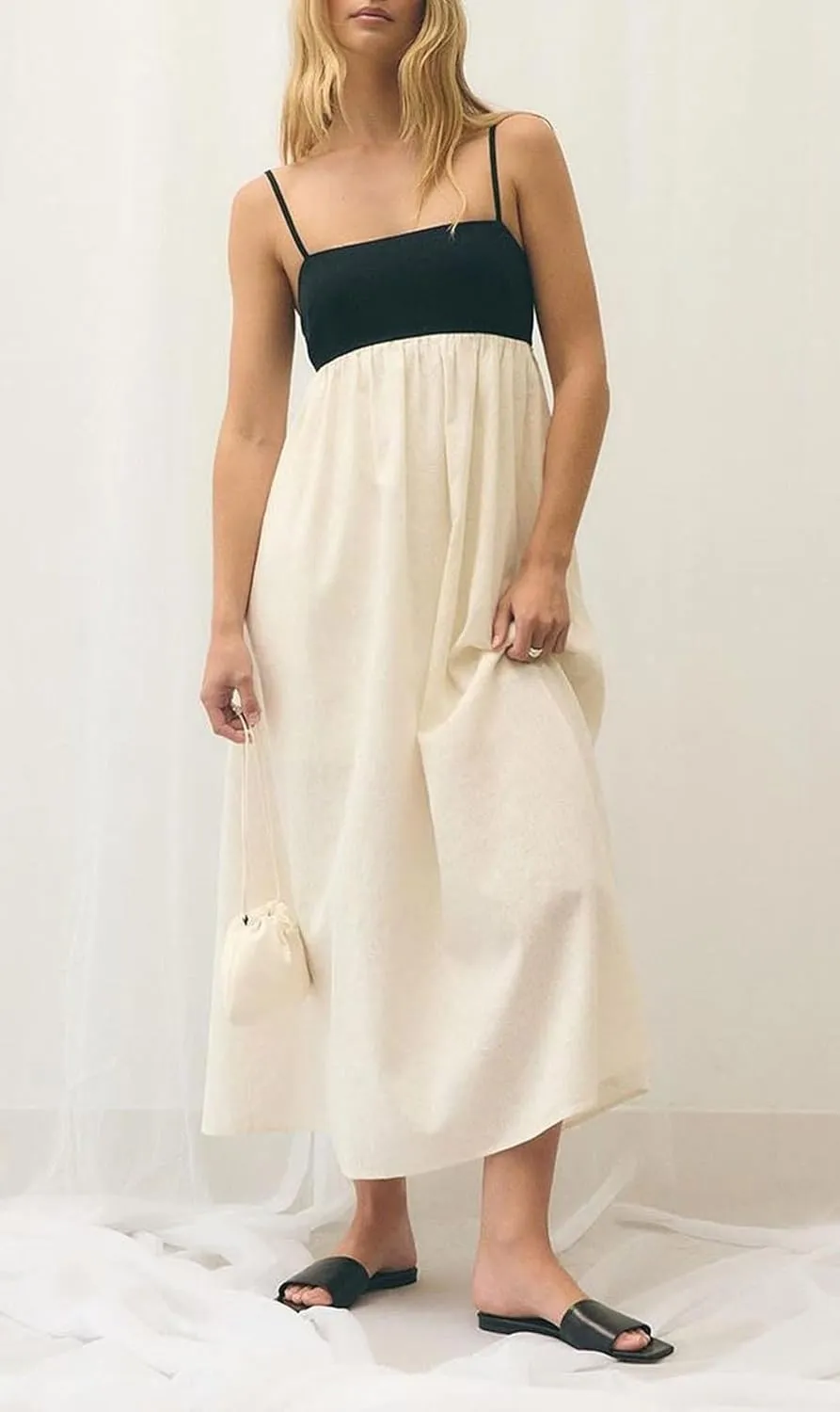 chouyatou Women's Summer Color Block Spaghetti Strap Maxi Linen Dress Long Casual Flowy Beach Sundress