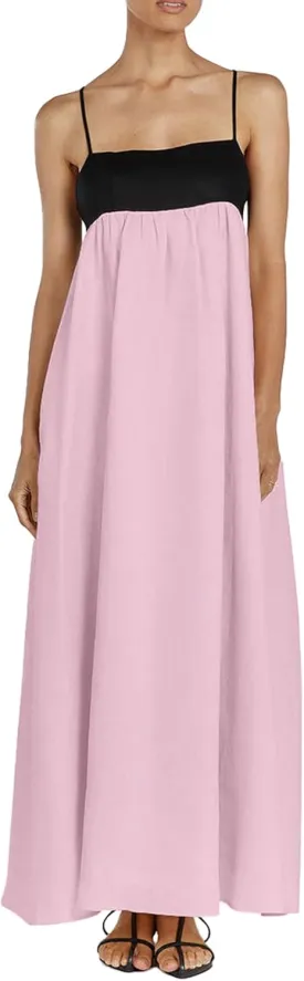 chouyatou Women's Summer Color Block Spaghetti Strap Maxi Linen Dress Long Casual Flowy Beach Sundress