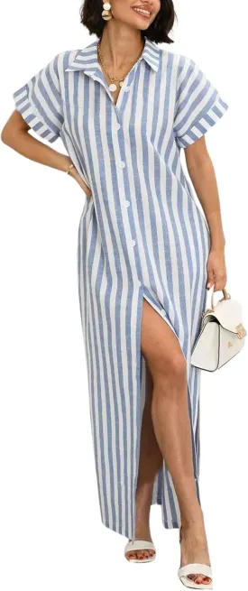 chouyatou Women's Summer Short Sleeve Striped Shirt Dress Beach Maxi Long Belted Casual Button Down Dress