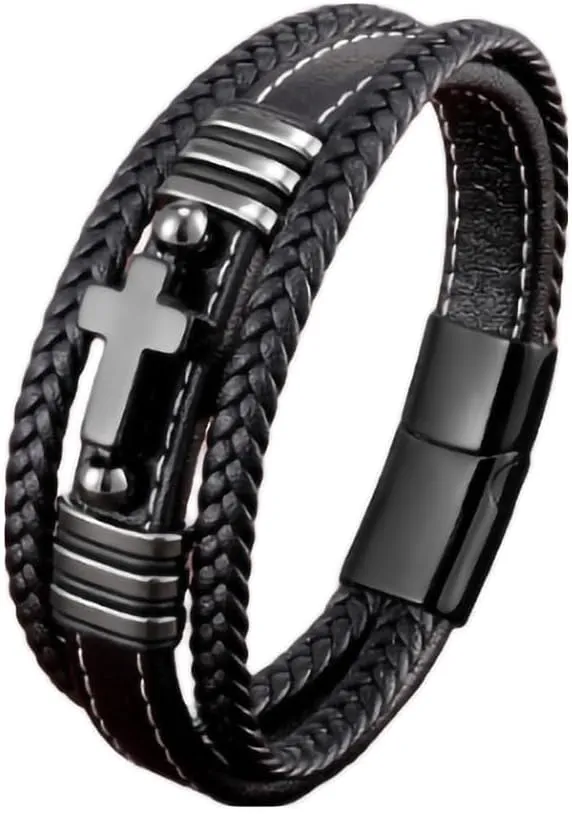Cross Leather Bracelet For Men Multilayer Braided Memorial Wristband Bangle Stainless Steel Buckle Religious Activities Holiday Gifts