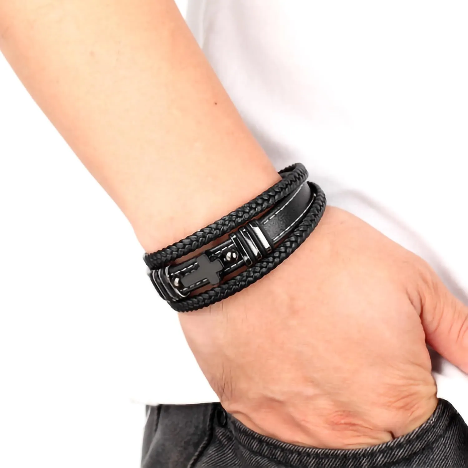 Cross Leather Bracelet For Men Multilayer Braided Memorial Wristband Bangle Stainless Steel Buckle Religious Activities Holiday Gifts