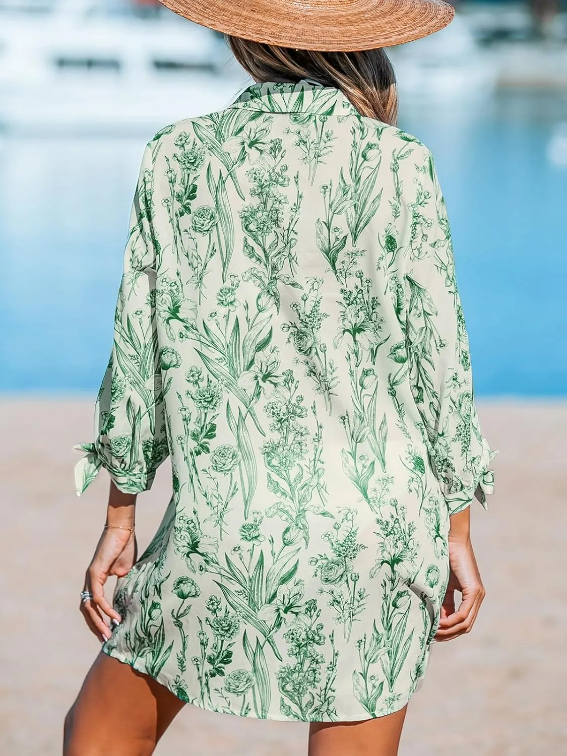 CUPSHE Women Mini Summer Dress Cover Up Oversize Floral Shirt 3/4 Sleeve Cuff Tie Button Down Beach Dresses Cover Up Top