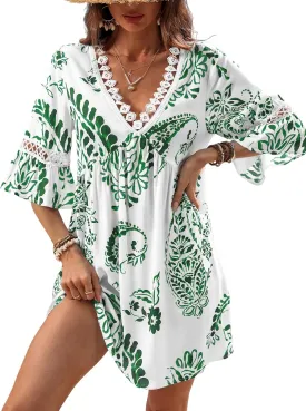 CUPSHE Women V Neck Lace Trim Mini Summer Dress Cover Up 3/4 Sleeve Ruffled Cuff Casual Sundress Beach Dresses Cover Ups