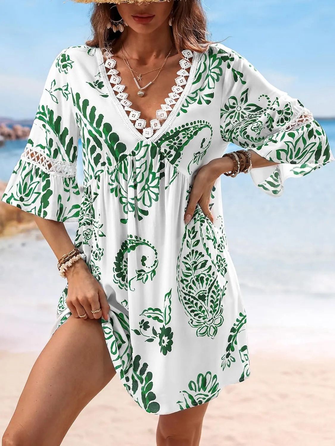 CUPSHE Women V Neck Lace Trim Mini Summer Dress Cover Up 3/4 Sleeve Ruffled Cuff Casual Sundress Beach Dresses Cover Ups