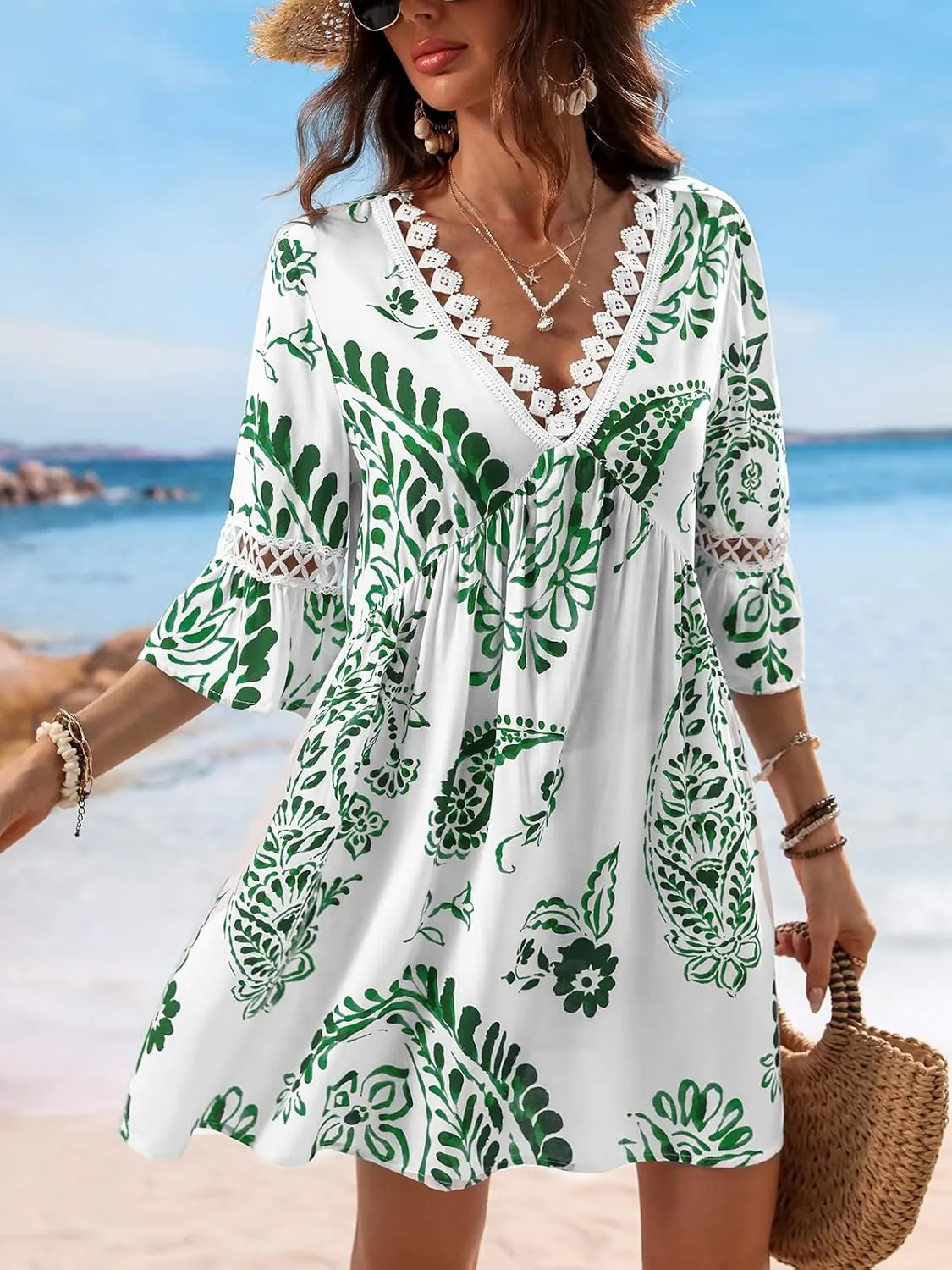 CUPSHE Women V Neck Lace Trim Mini Summer Dress Cover Up 3/4 Sleeve Ruffled Cuff Casual Sundress Beach Dresses Cover Ups