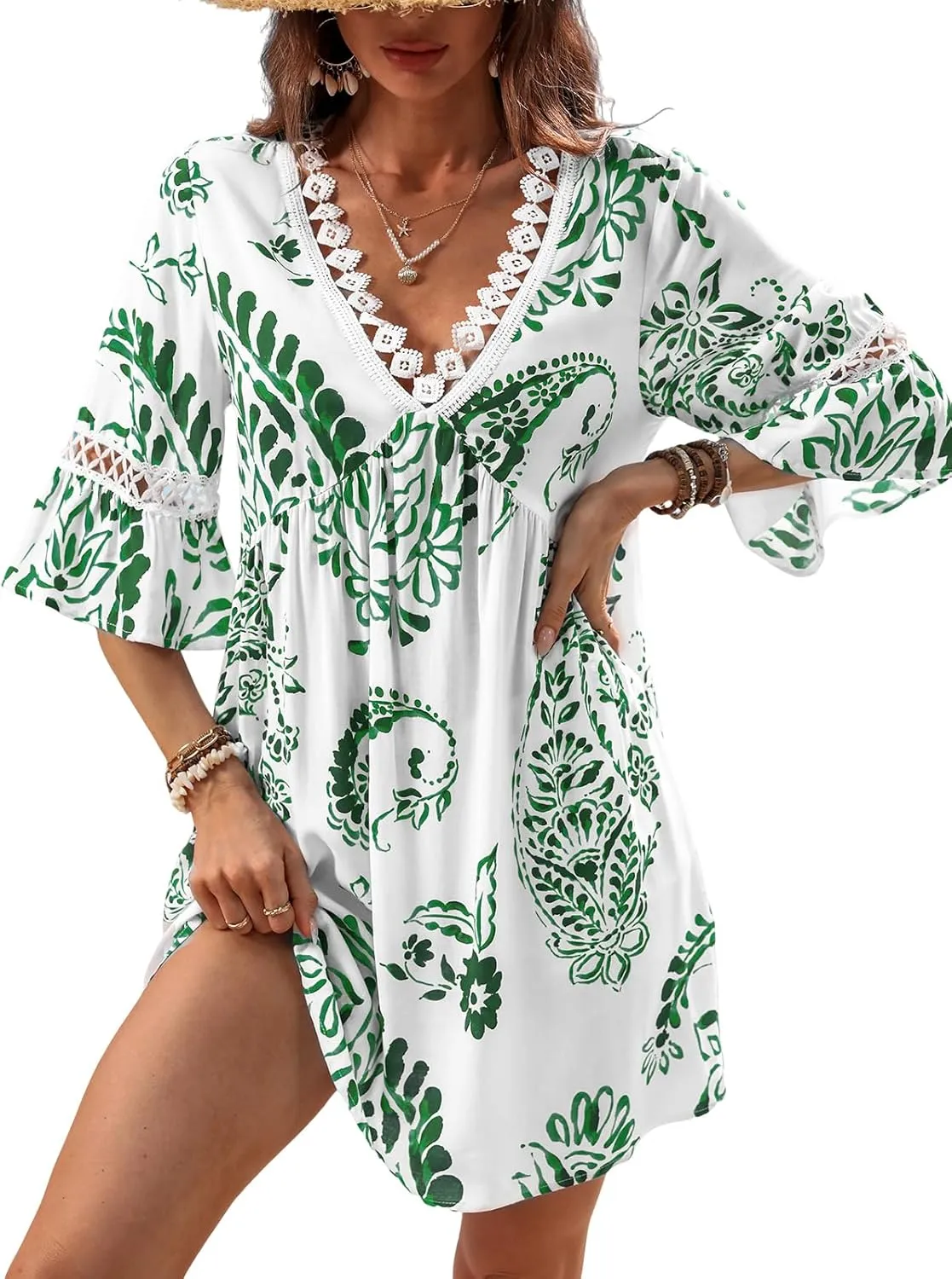 CUPSHE Women V Neck Lace Trim Mini Summer Dress Cover Up 3/4 Sleeve Ruffled Cuff Casual Sundress Beach Dresses Cover Ups