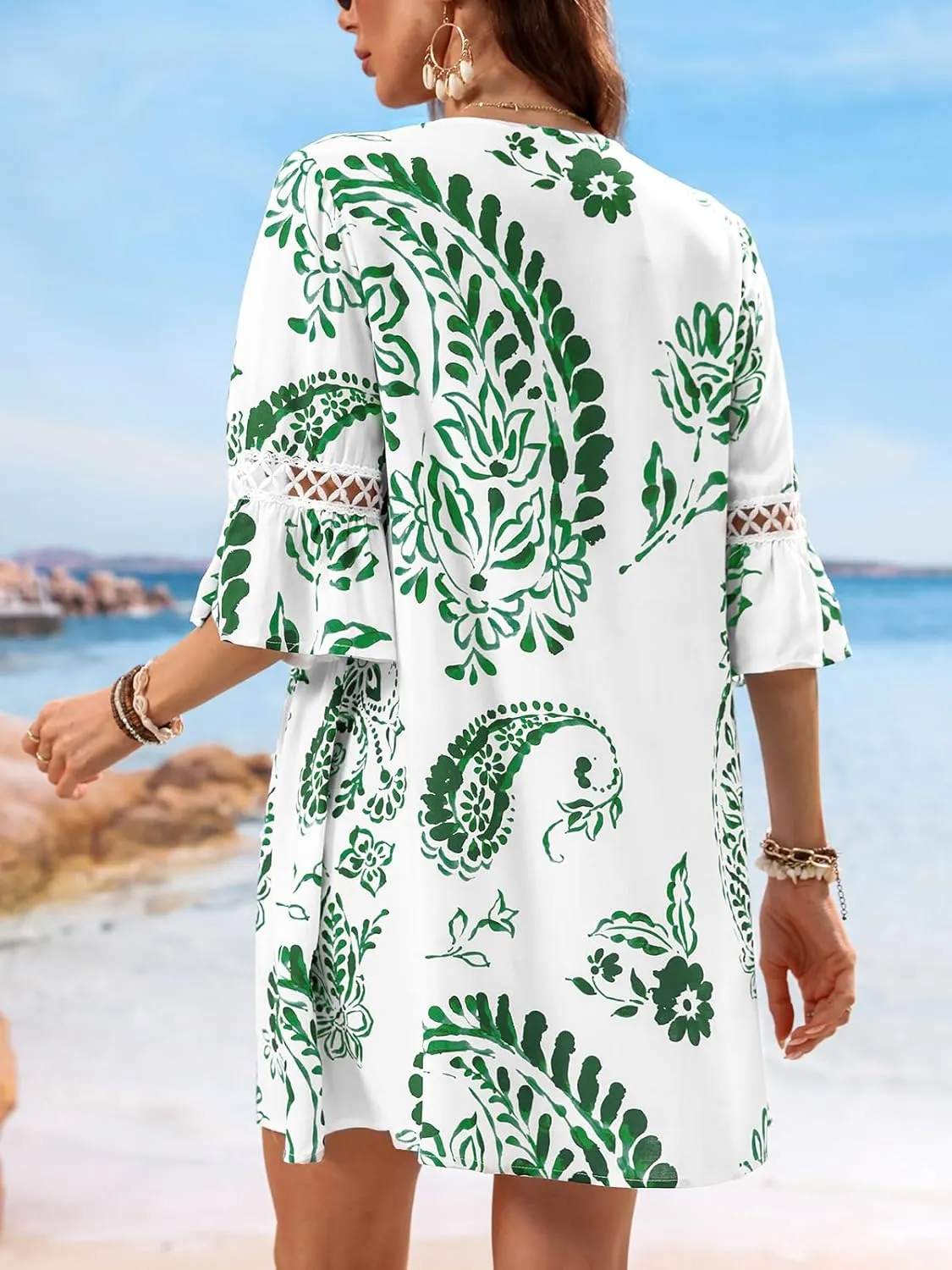 CUPSHE Women V Neck Lace Trim Mini Summer Dress Cover Up 3/4 Sleeve Ruffled Cuff Casual Sundress Beach Dresses Cover Ups