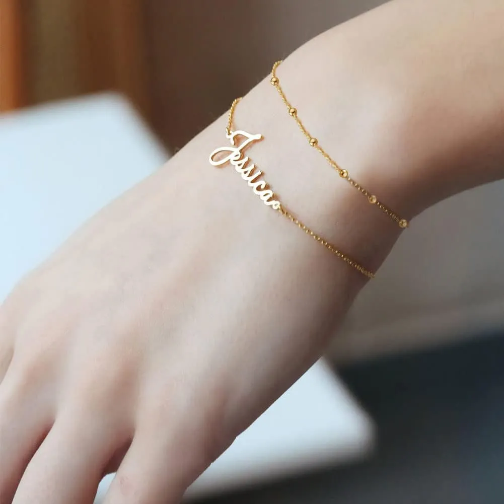 DayOfShe Personalized Name Bracelet or Anklet for Women, Custom Engraved Inspirational Cuff Bangle Infinity Love Gift for Mom