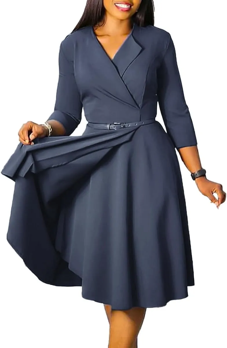 Elainone Women 3/4 Sleeve Casual Swing Flared A Line Dress Wedding Guest Semi Formal Office Work Dresses with Belt