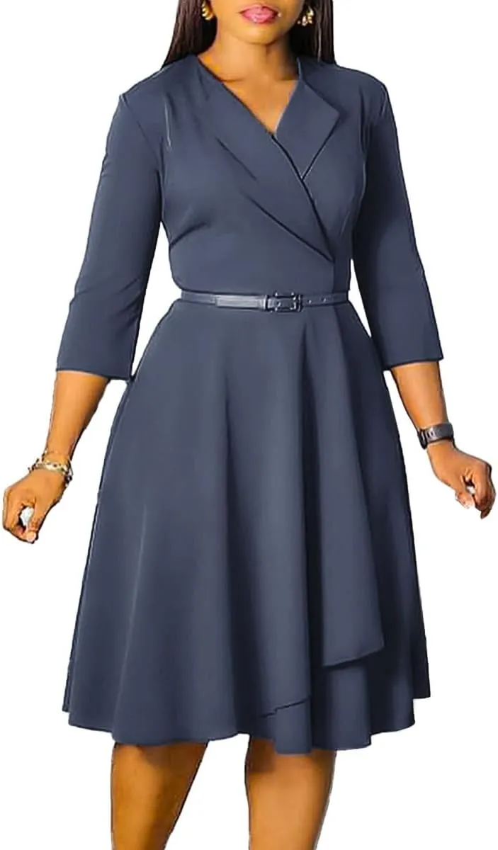 Elainone Women 3/4 Sleeve Casual Swing Flared A Line Dress Wedding Guest Semi Formal Office Work Dresses with Belt