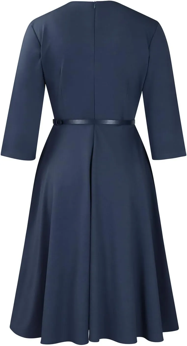 Elainone Women 3/4 Sleeve Casual Swing Flared A Line Dress Wedding Guest Semi Formal Office Work Dresses with Belt