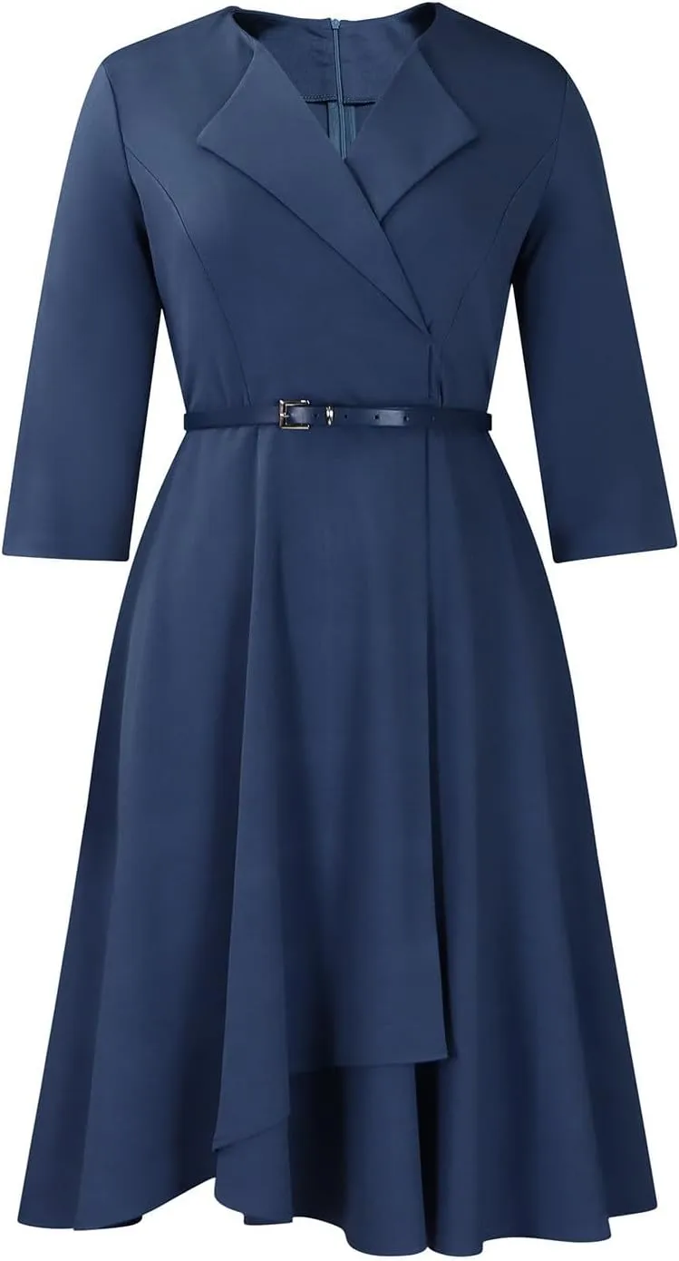 Elainone Women 3/4 Sleeve Casual Swing Flared A Line Dress Wedding Guest Semi Formal Office Work Dresses with Belt