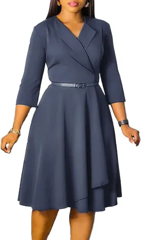 Elainone Women 3/4 Sleeve Casual Swing Flared A Line Dress Wedding Guest Semi Formal Office Work Dresses with Belt