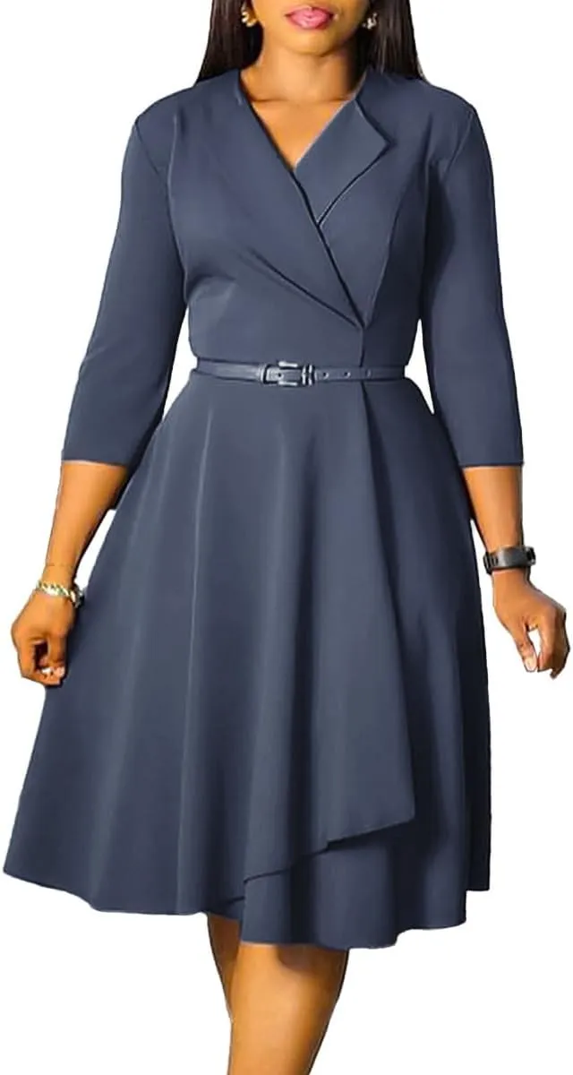 Elainone Women 3/4 Sleeve Casual Swing Flared A Line Dress Wedding Guest Semi Formal Office Work Dresses with Belt