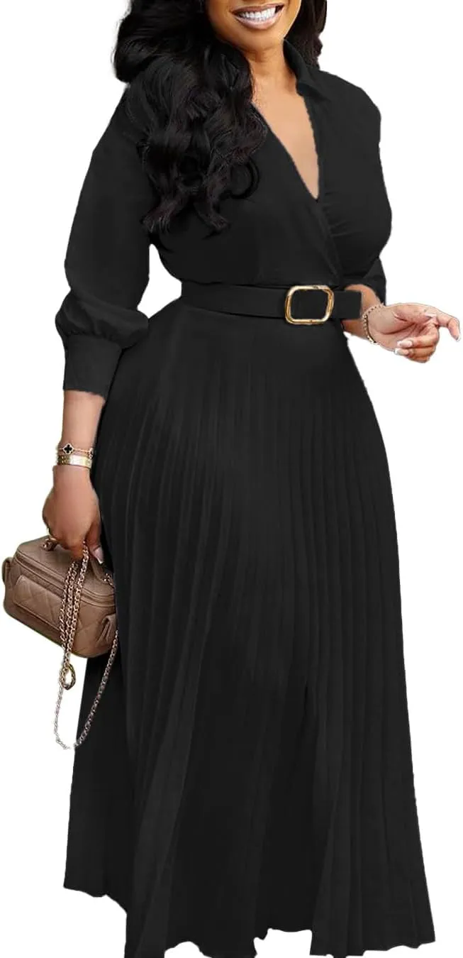 Elainone Women’s 3/4 Sleeve Flared A Line Dress Wedding Guest Casual Semi Formal Office Lady Dresses with Belt