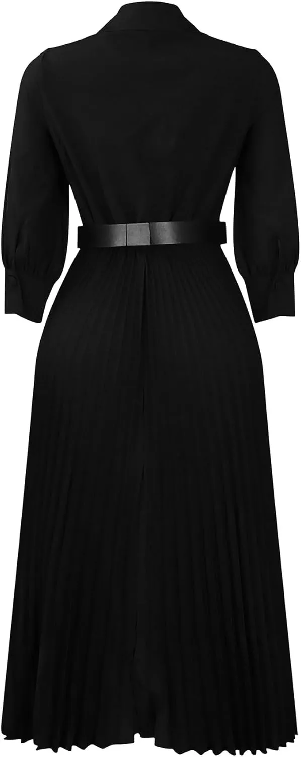 Elainone Women’s 3/4 Sleeve Flared A Line Dress Wedding Guest Casual Semi Formal Office Lady Dresses with Belt