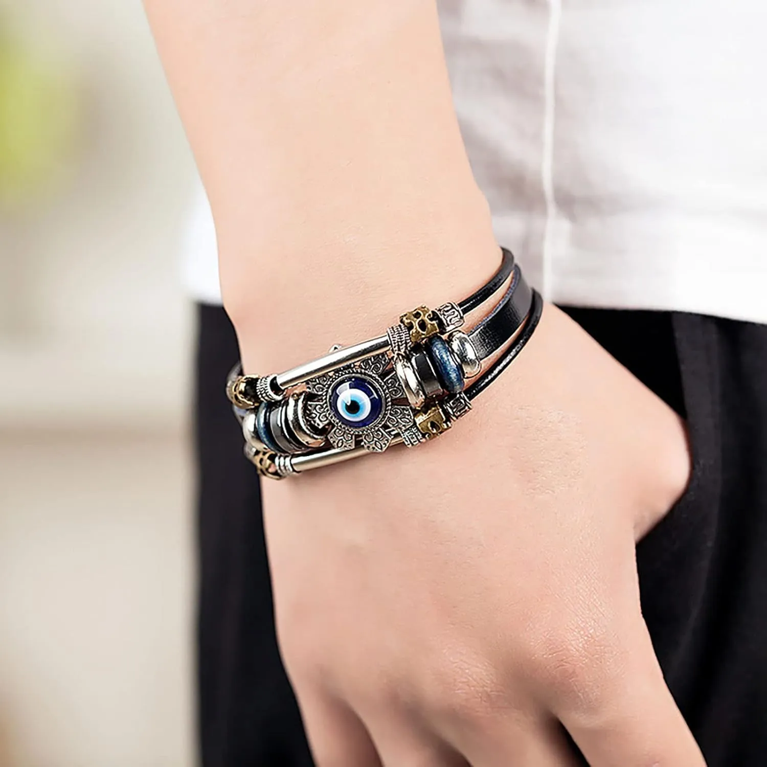 Evil Eye Bracelets for Men, Protection Bracelet Black Leather Bracelet Wristband Beaded Bracelet Anklet Wrap Blue Eye Strand Bracelets for Women Spiritual Jewelry Gift