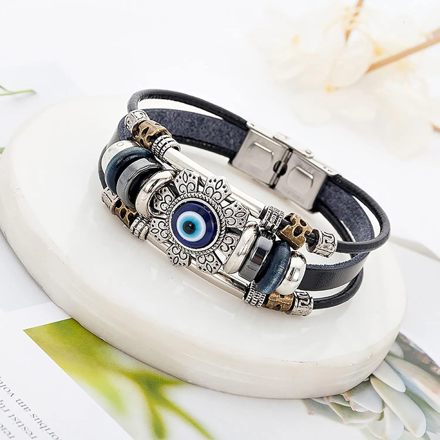 Evil Eye Bracelets for Men, Protection Bracelet Black Leather Bracelet Wristband Beaded Bracelet Anklet Wrap Blue Eye Strand Bracelets for Women Spiritual Jewelry Gift