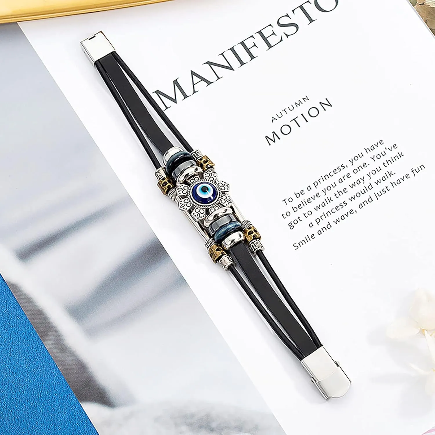 Evil Eye Bracelets for Men, Protection Bracelet Black Leather Bracelet Wristband Beaded Bracelet Anklet Wrap Blue Eye Strand Bracelets for Women Spiritual Jewelry Gift