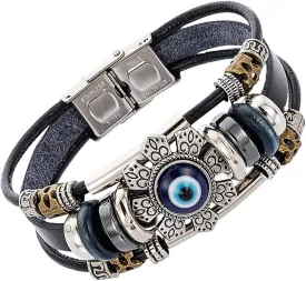 Evil Eye Bracelets for Men, Protection Bracelet Black Leather Bracelet Wristband Beaded Bracelet Anklet Wrap Blue Eye Strand Bracelets for Women Spiritual Jewelry Gift