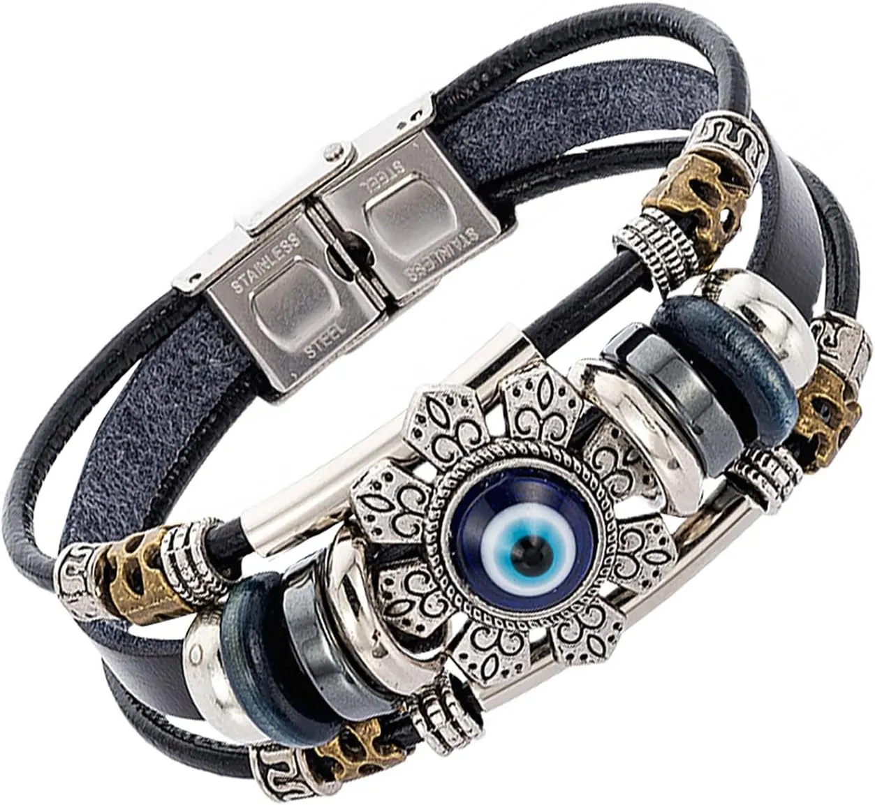 Evil Eye Bracelets for Men, Protection Bracelet Black Leather Bracelet Wristband Beaded Bracelet Anklet Wrap Blue Eye Strand Bracelets for Women Spiritual Jewelry Gift